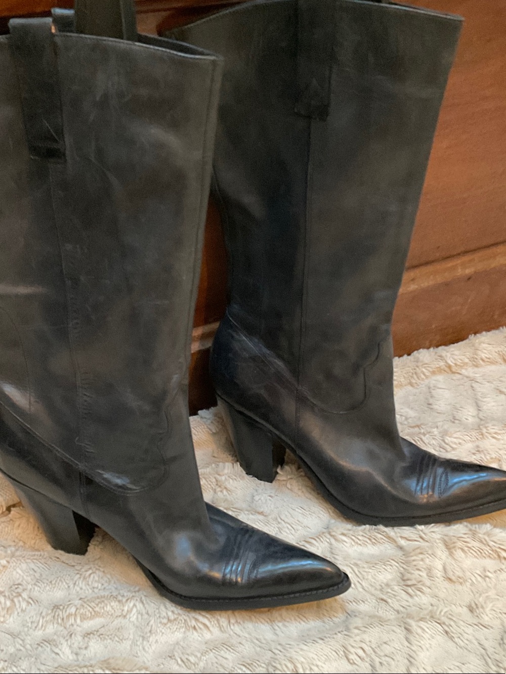 Guess Black Pointed-Toe Mid-Calf Leather Boots with Block Heel